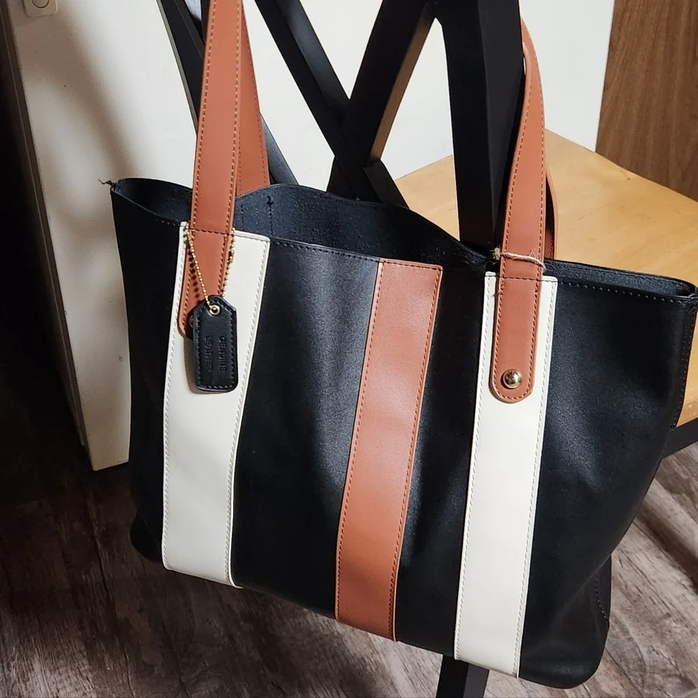 Leather Tote Bag Black Striped - Picture 1 of 5